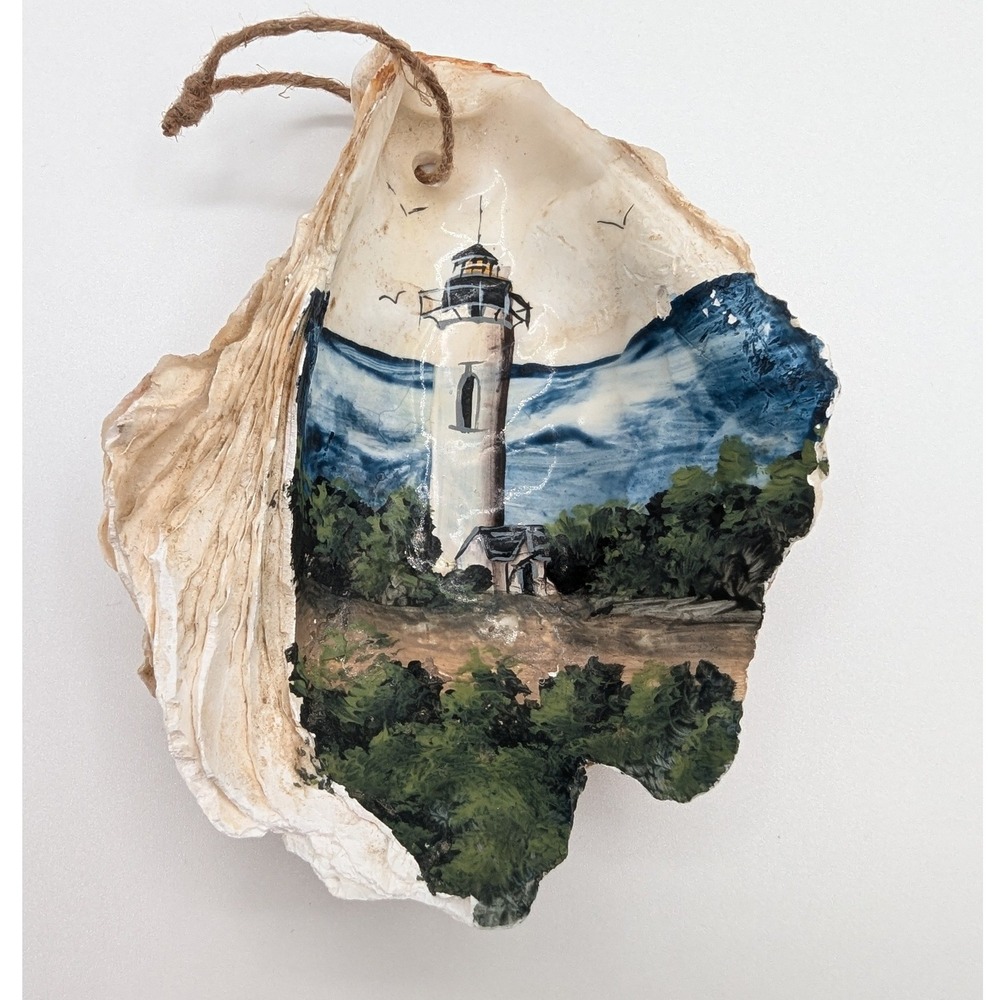 Hand Painted Oyster Shell Lighthouse Ornament Signed Krodel Coastal Folk Art